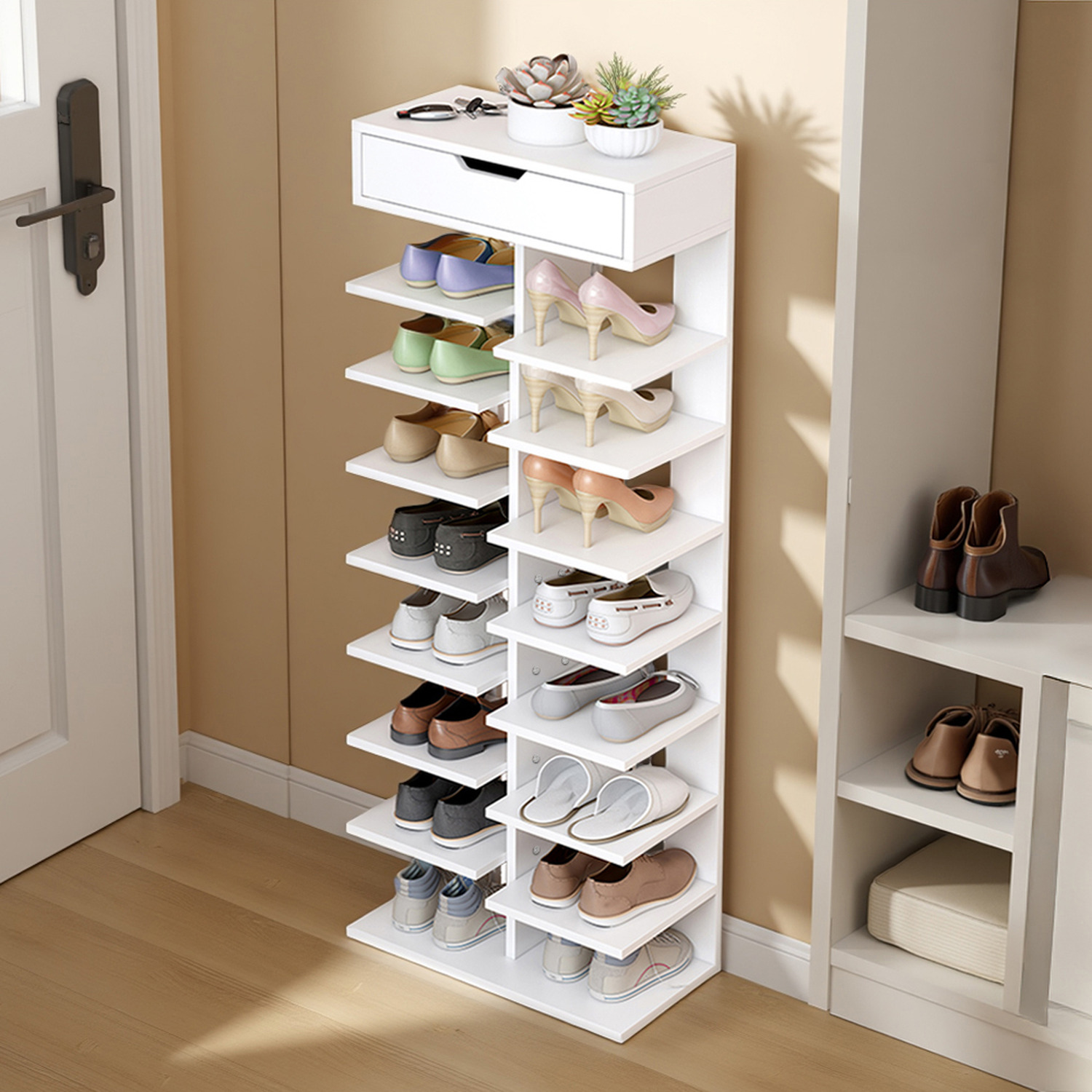9 Tier Shoe Rack with Drawer Storage