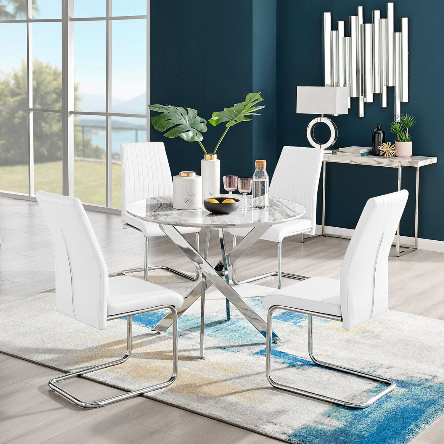 Novara White Marble Effect Dining Table  4 Lorenzo Chairs - White