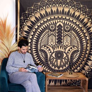 Double Cotton Bedspread  Wall Hanging - Hamsa Black Gold Art