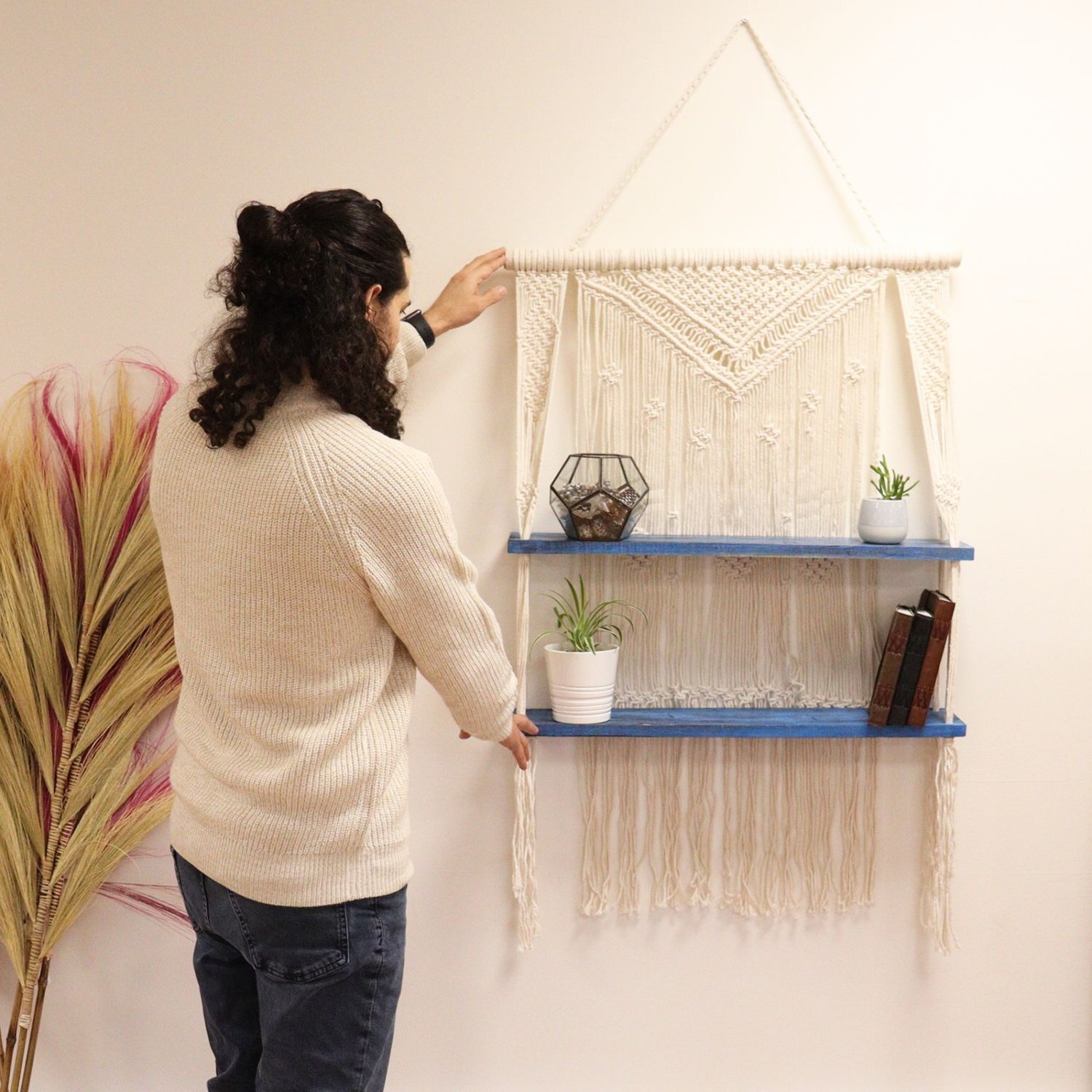 Natural Blue Macrame Hanging Shelves For Home Office Decor - Blue