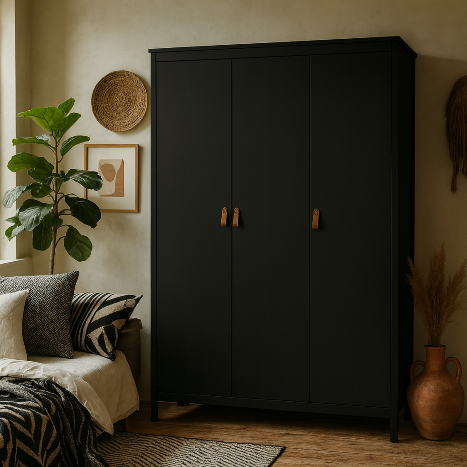 Wyld Haus Wildberry Matt-Black 3-Door Wardrobe with Leather Tab Handles - Black