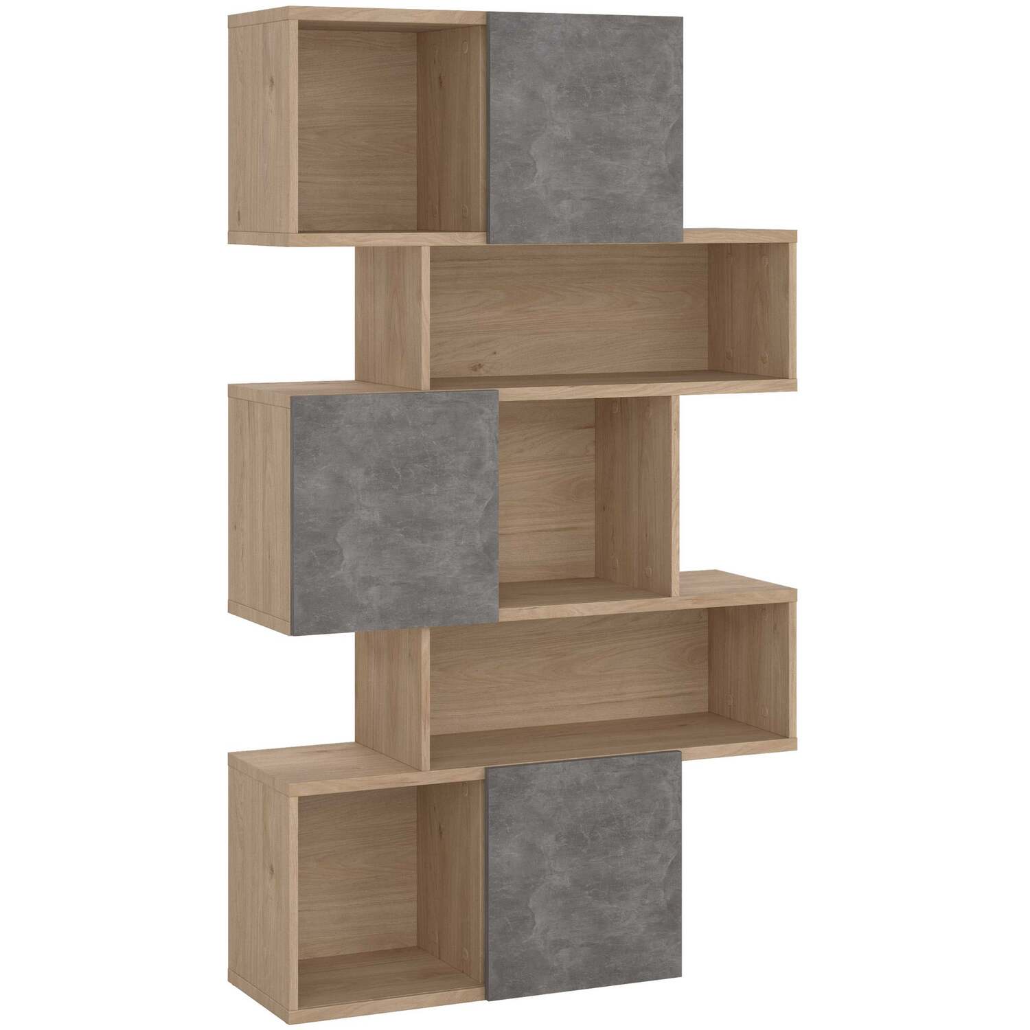 Taichung 5-Shelf Asymmetrical Bookcase, Hickory Oak and Concrete Effect - Natural and Grey