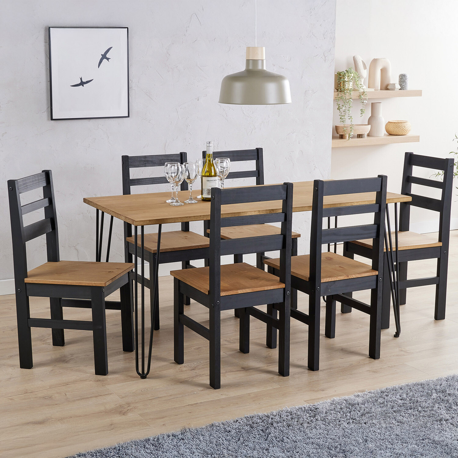 Augusta Large Dining Table With 6 Linea Chairs Set - Antique Waxed Pine