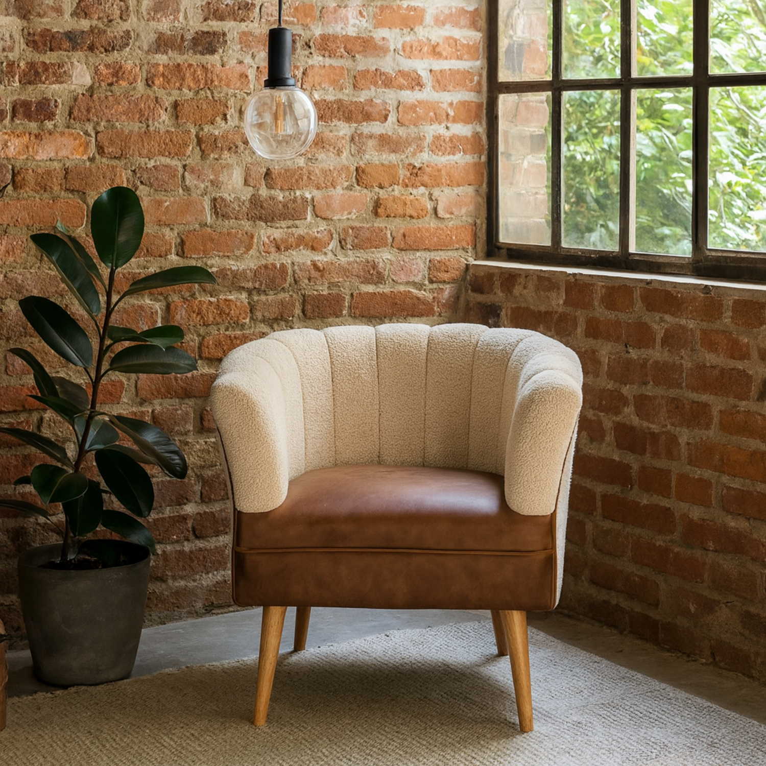 Olbia Cream Bouclé Armchair with Buffalo Leather Seat & Mango Wood Legs - Brown