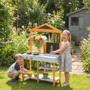 AIYAPLAY Wooden Mud Kitchen with Sink Cookware Shelves