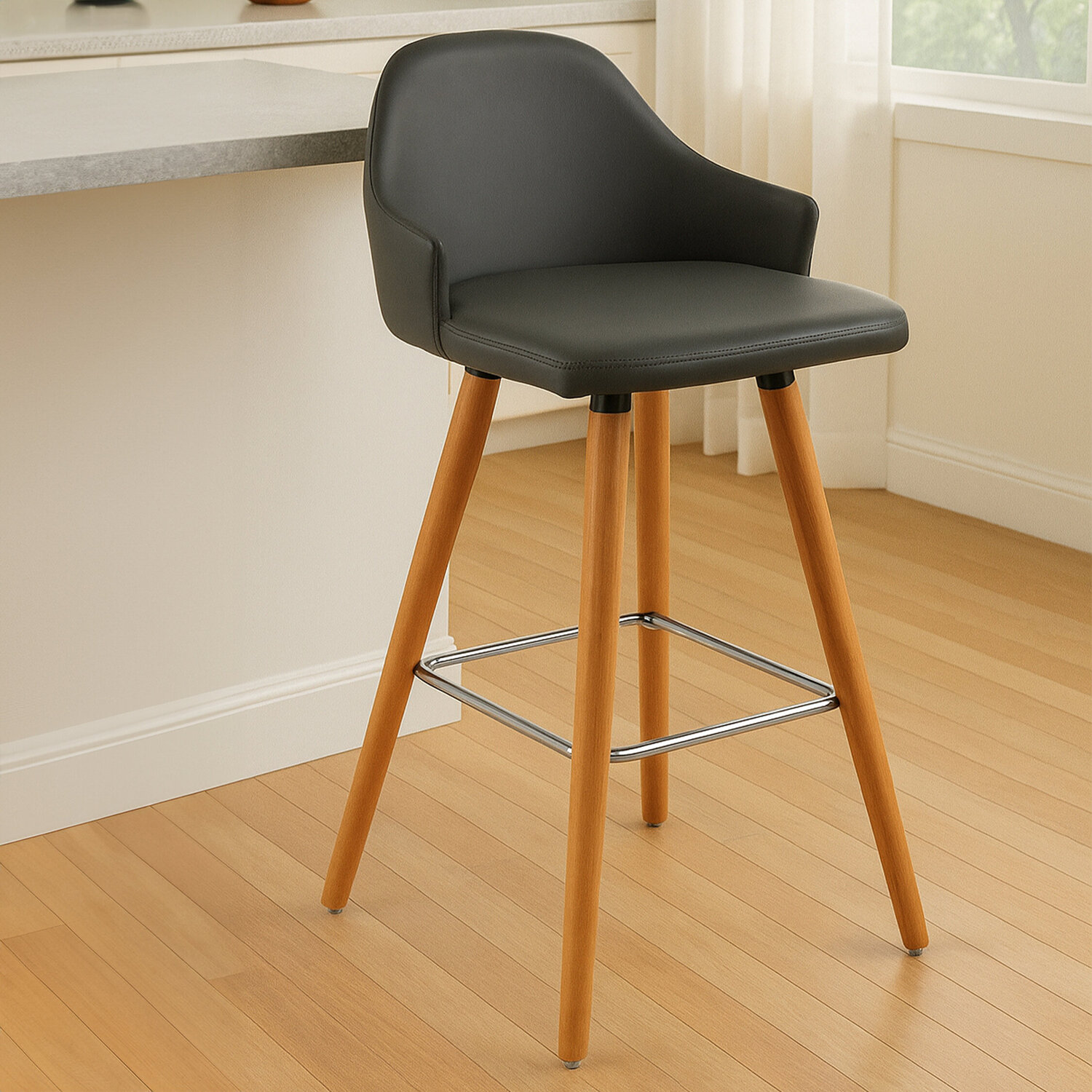 Stockholm Grey Faux Leather Bar Stool with Beechwood Legs - Grey