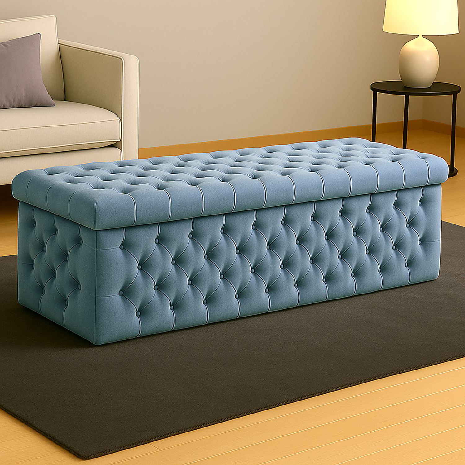 R&M Furnishers Wide Lux Ottoman Storage Box, Silver Velvet Upholstered Chesterfield Storage Ottoman Box - Blue