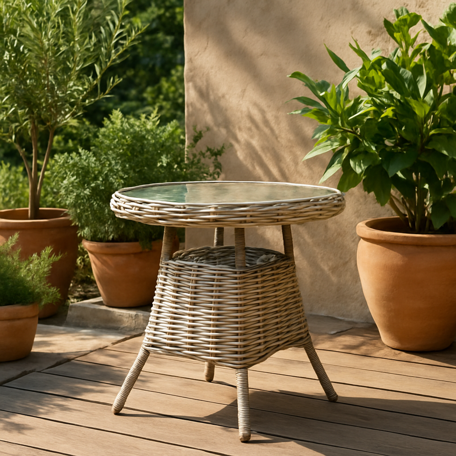 Costa Round Wicker Effect Bistro Table with Glass Top - Beige