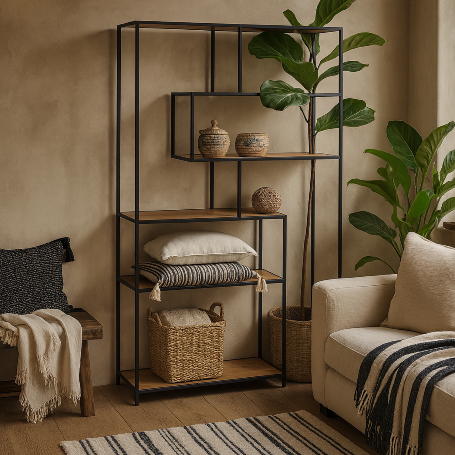 El Paso Asymmetrical Bookcase Metal Frame with Wild Oak Effect Shelves - Black and Oak