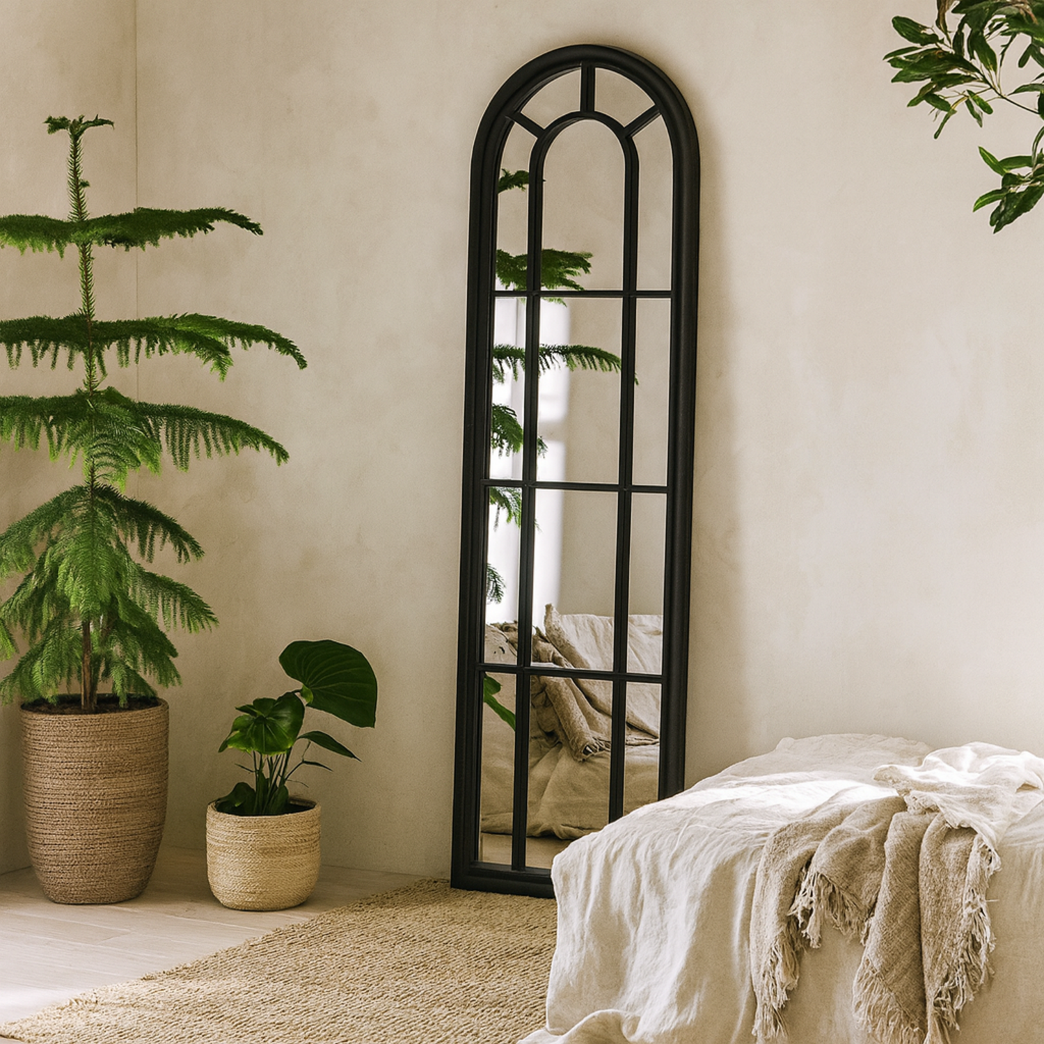 Slim Tall Wood Arched Windowpane Mirror - Black
