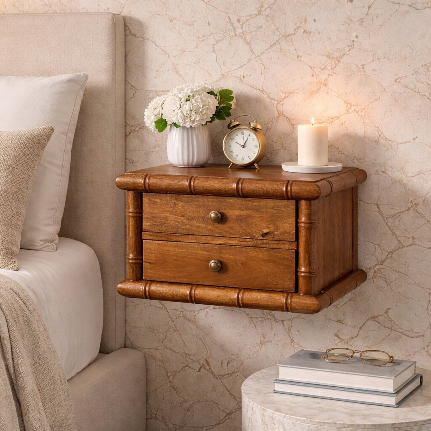Solid Wood Bamboo Bedside in Amber Oak Finish - Brown