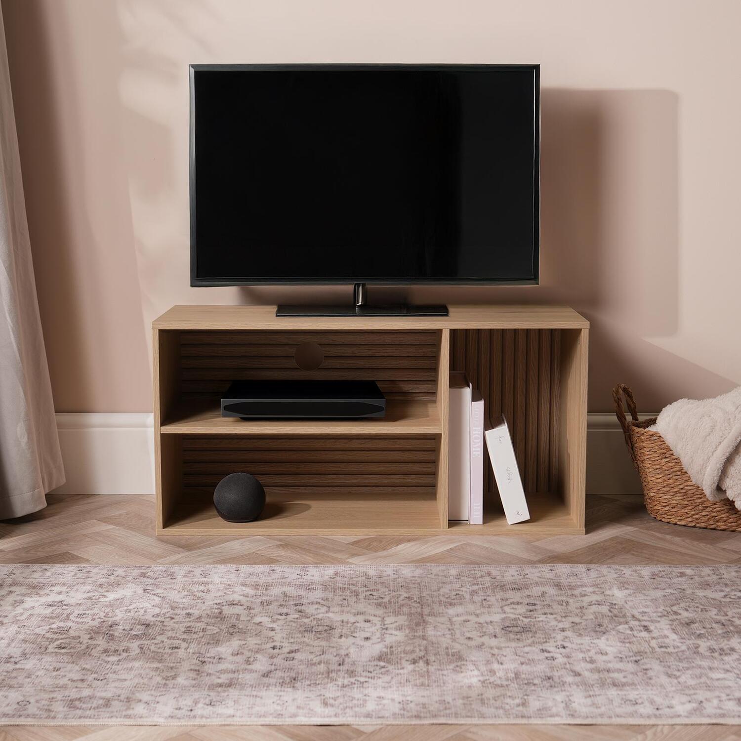 Ohs Dallas 3 Cube Slat Panel Tv Unit - Natural Wood / 85Cm