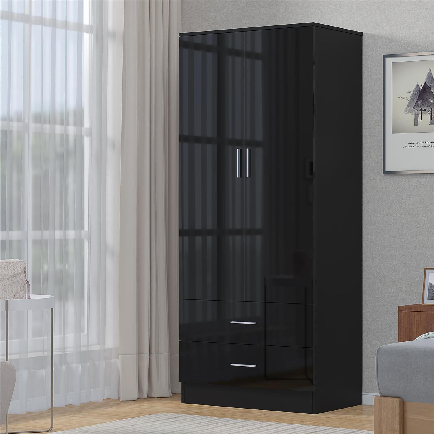 REFLECT Wardrobe 2 Door 2 Drawer - Black High Gloss Front / Black Matt Finish - Image 6