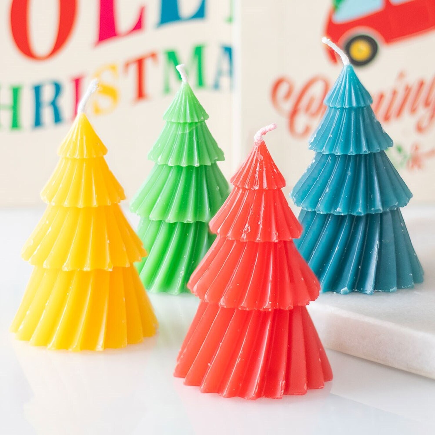 Set of 4 Colourful Decorative Unscented Christmas Tree Candles - H9cm