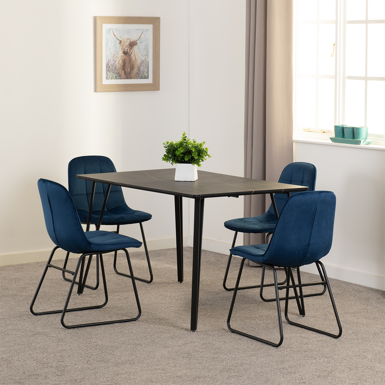 Marlow And Lukas Dining Set Black Marble Effect - Black Marble Effect - Sapphire Blue Velvet