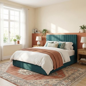 Sollom Teal Ottoman Lift Up Upholstered Ribbed Bed Frame