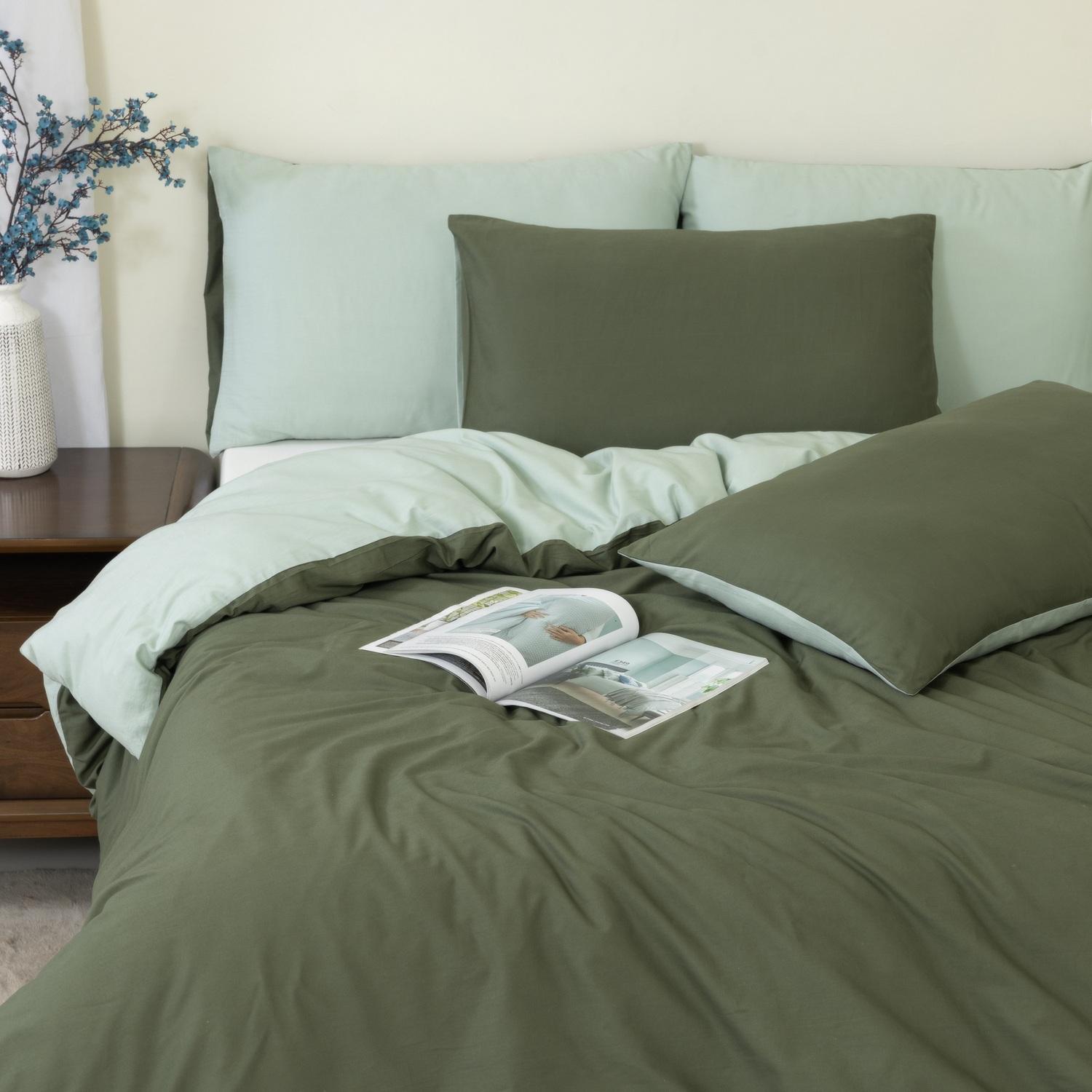 Mhg Living Reversible Forest Green King Duvet Cover Set - Premium 100% Cotton Percale, Button Closure