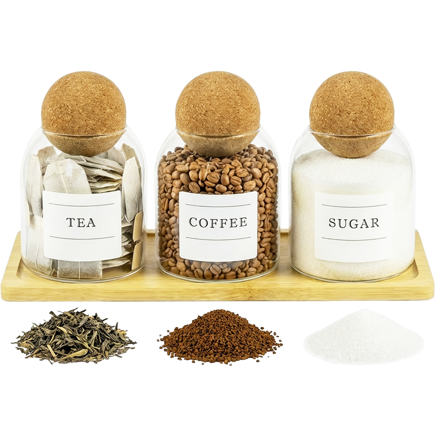 Glass Jar Cork Ball Lid Tea Coffee Sugar Herbs Spices Canisters 500ml Set of 3 - Image 2