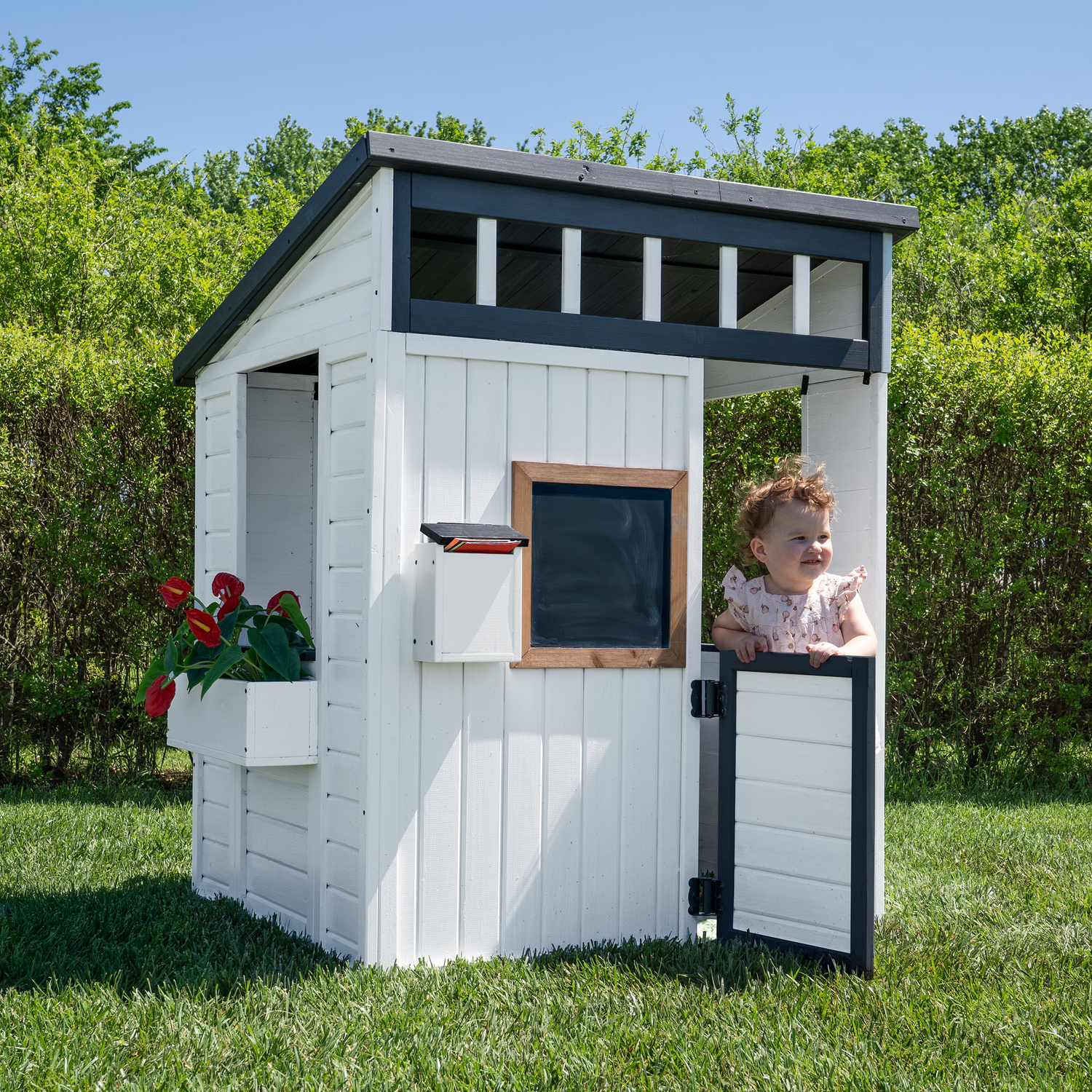 Backyard Discovery Caraway Cottage Cedar Wooden Kids Playhouse With Chalkboard And Play Kitchen - White