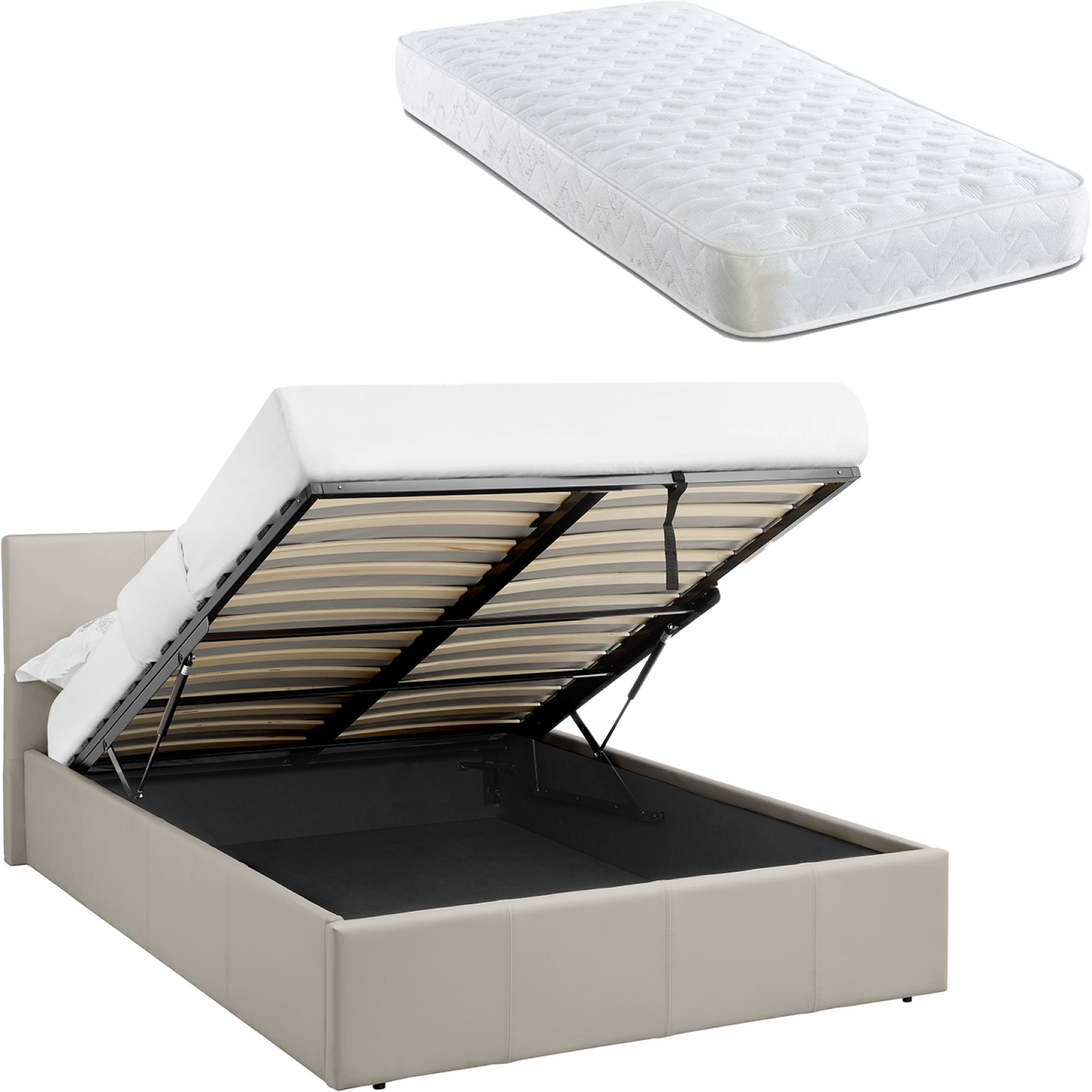 Luna 3Ft Single Ottoman Bed Cream Beige Faux Leather + Sprung Mattress - Cream Beige