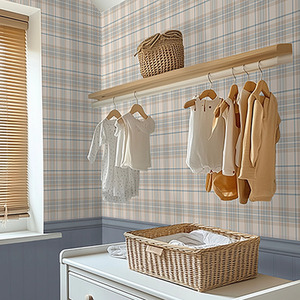 Traditional Check Panel Wallpaper in Cream and Blue with Blue Panel