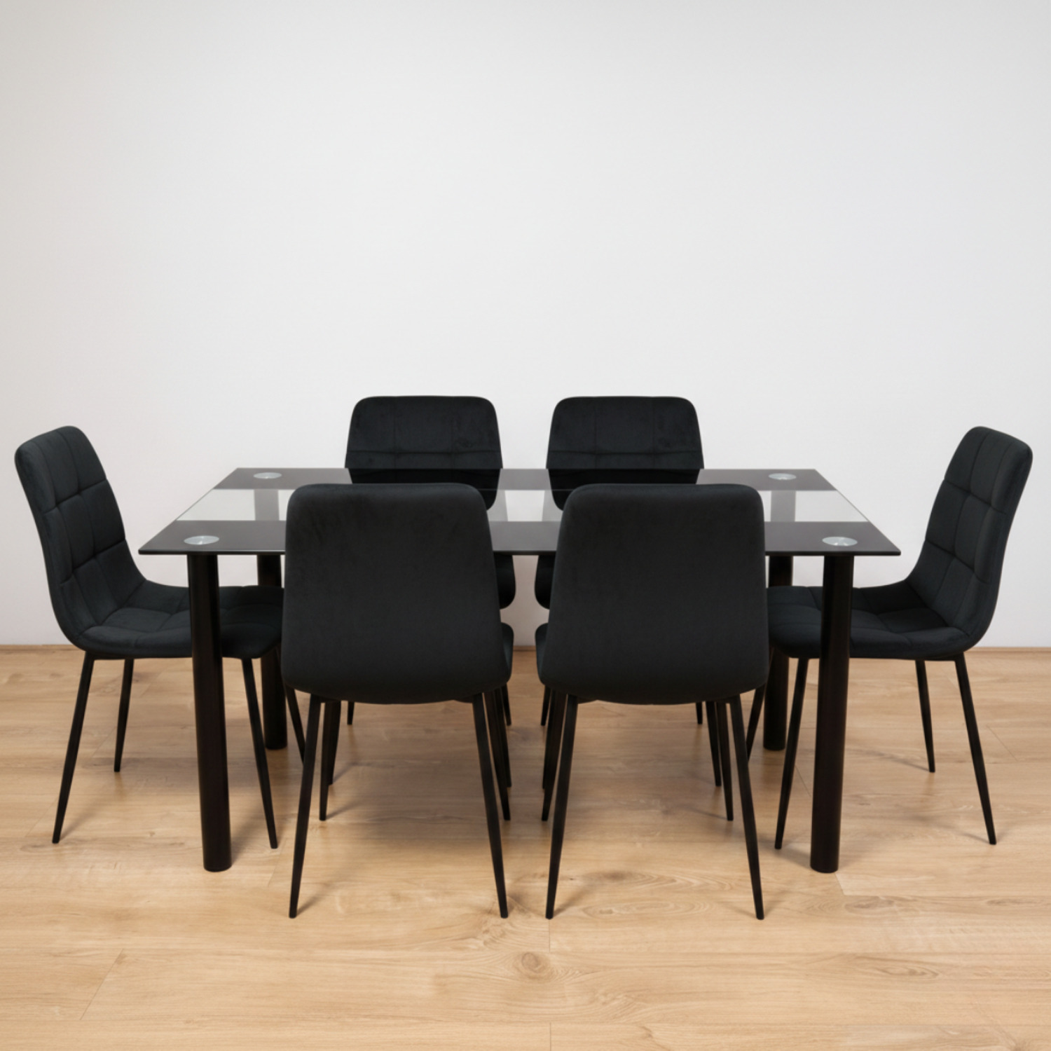 Kosy Koala Black Glass Dining Table Set With 6 Black Velvet Chairs For Dining Room And Kitchen Furniture - Black