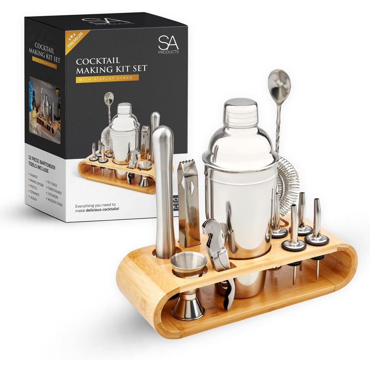 Tanness Sa Products Cocktail Shaker Set 12 Piece Stainless Steel Bartender Kit - Silver