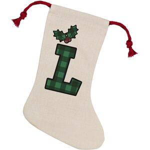 Green Tartan Alphabet Letter L Stocking - Novelty Xmas Gift - Linen-Style With Red Drawstring Ties