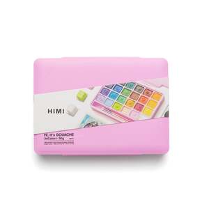 HIMI Jelly Cup Gouache Set 24 Paint Colours, 3 Brushes Mixing Pallete, Pink Case