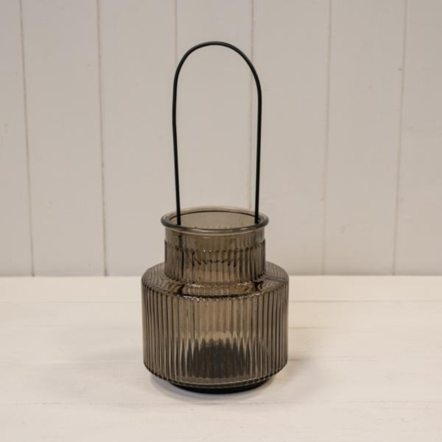  - Warm Grey Glass Candle Holder With Handle Large - Image 3