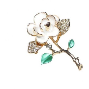 Enamel Flower Brooch Pin with Diamante Leaf Detail