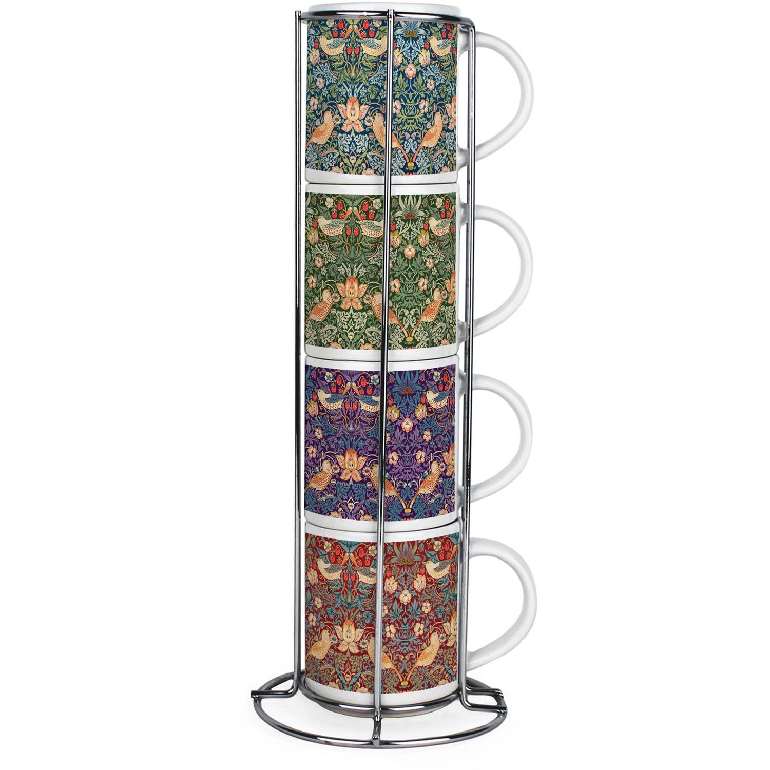 Strawberry Thief Small Stacking Mugs Set - Set of 4 Ceramic Mugs Gift with Stand - Image 2