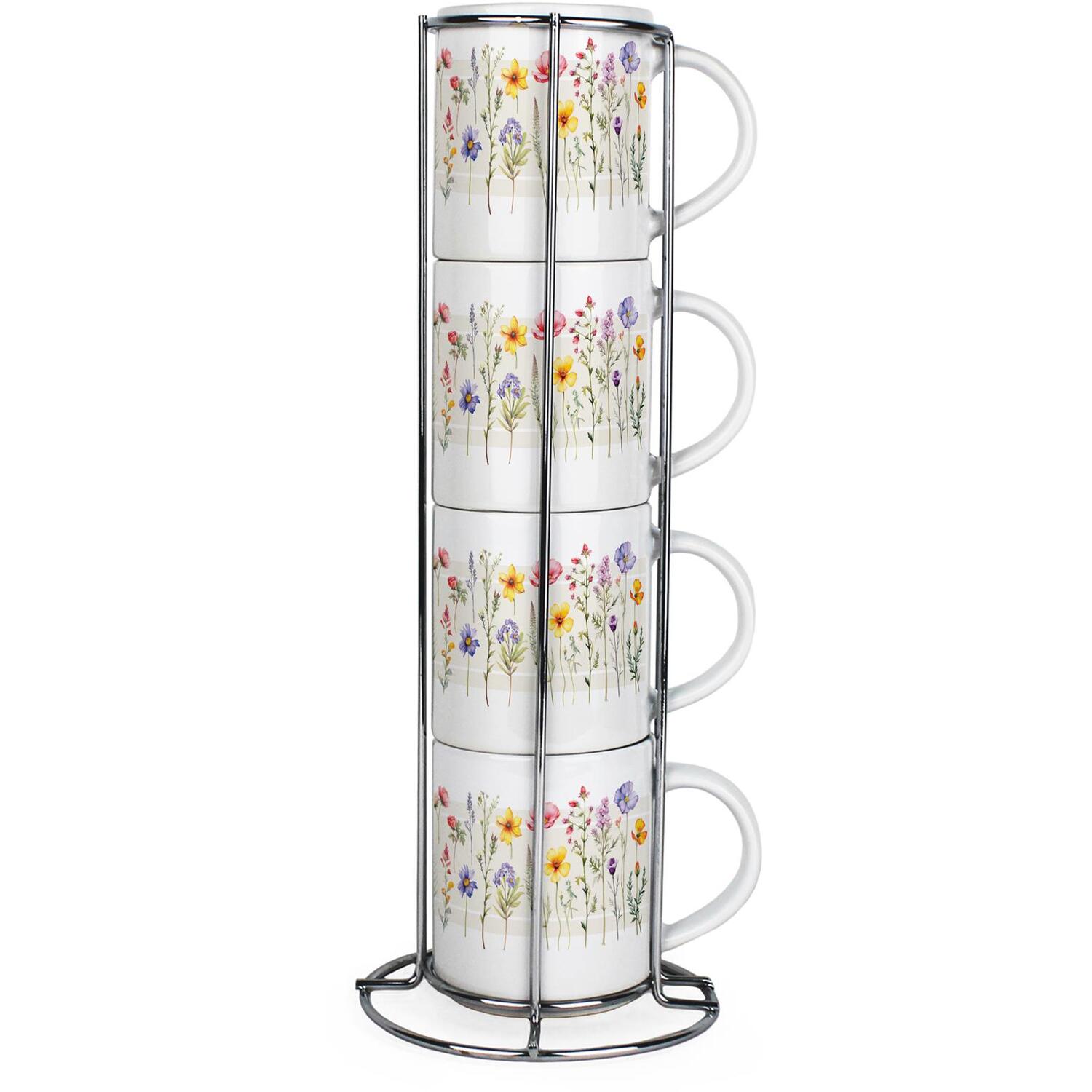 Wildflowers Small Stacking Mugs Set - Ceramic Drinkware Set of 4 with Stand - Image 3