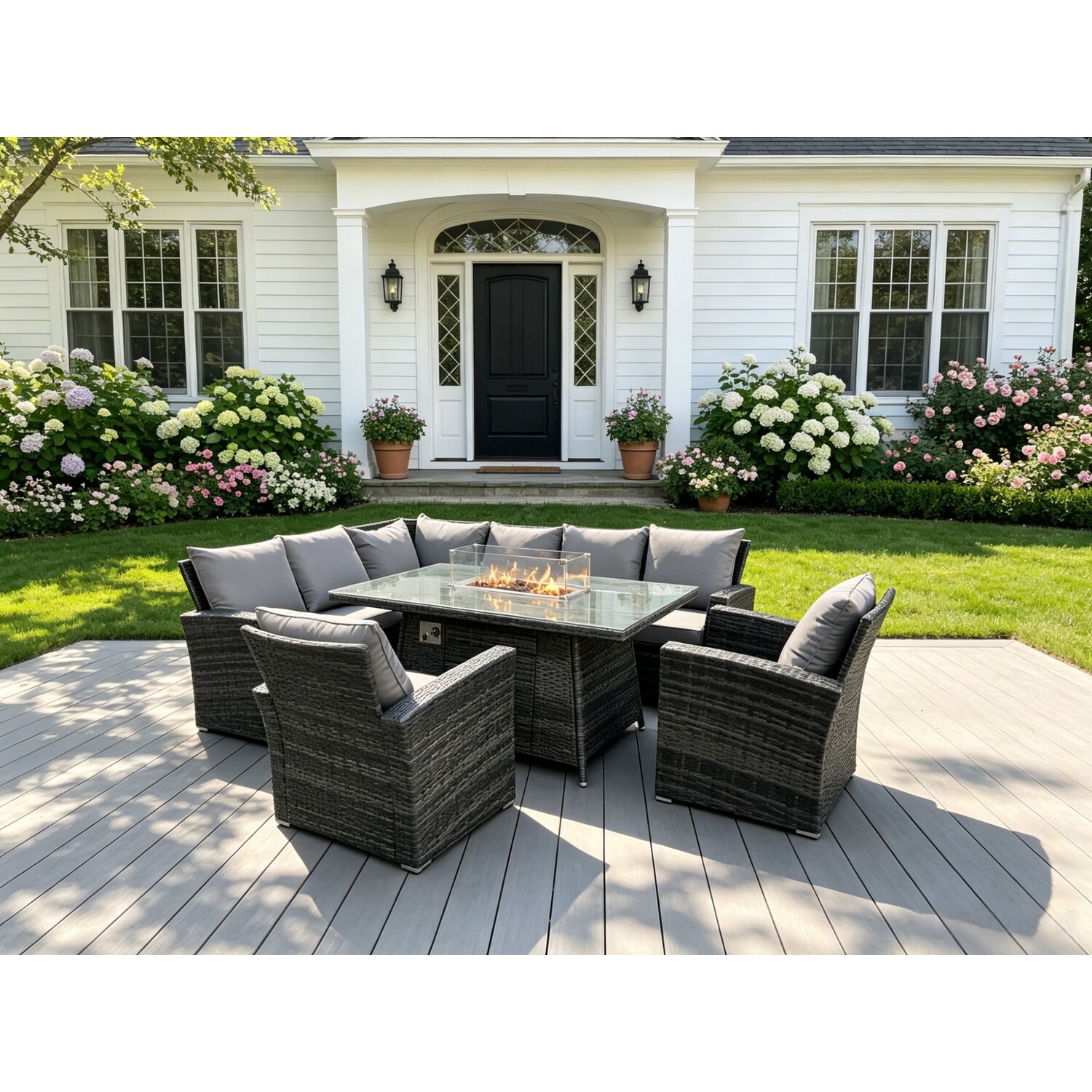 Rackhams Dark/Grey 8 Seater Rattan High Back Garden Furniture Set With Gas Fire Pit Dining Table, Corner Sofa & 2 Chairs - Image 2