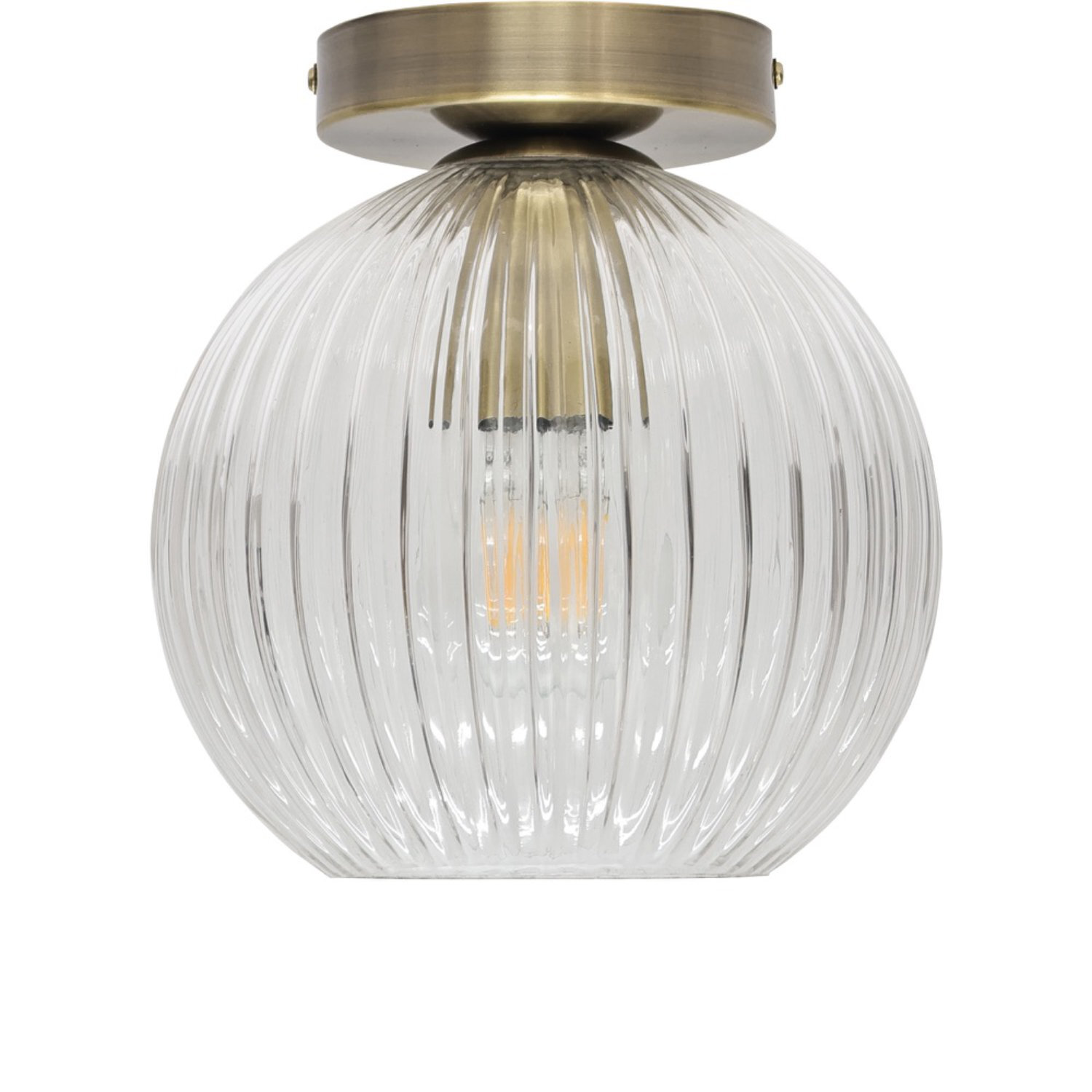 First Choice Lighting Betchley Flush Ceiling Light - Clear Ribbed Glass With Antique Brass Plate Detail