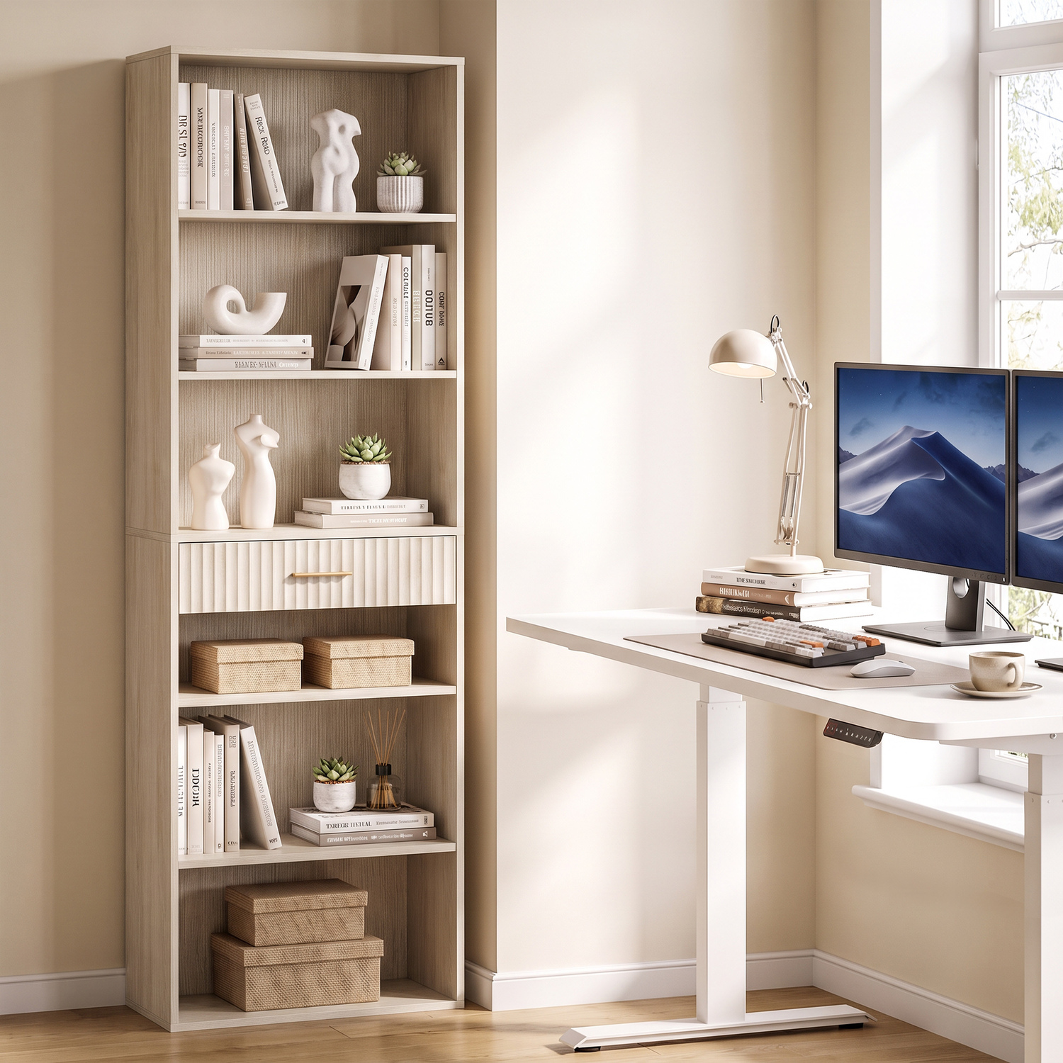 Homcom Tall Bookcase With Cubes, 7-Tier Bookshelf With Drawer, Oak - Image 4