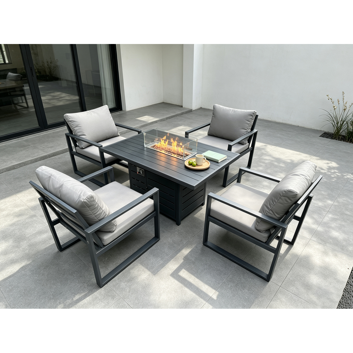 Fimous Unisex Dark Grey Aluminum Top Seat Garden Furniture Dining Set Gas Fire Pit Table & Chairs Burner Heater Patio Outdoor Size 4 - Image 2