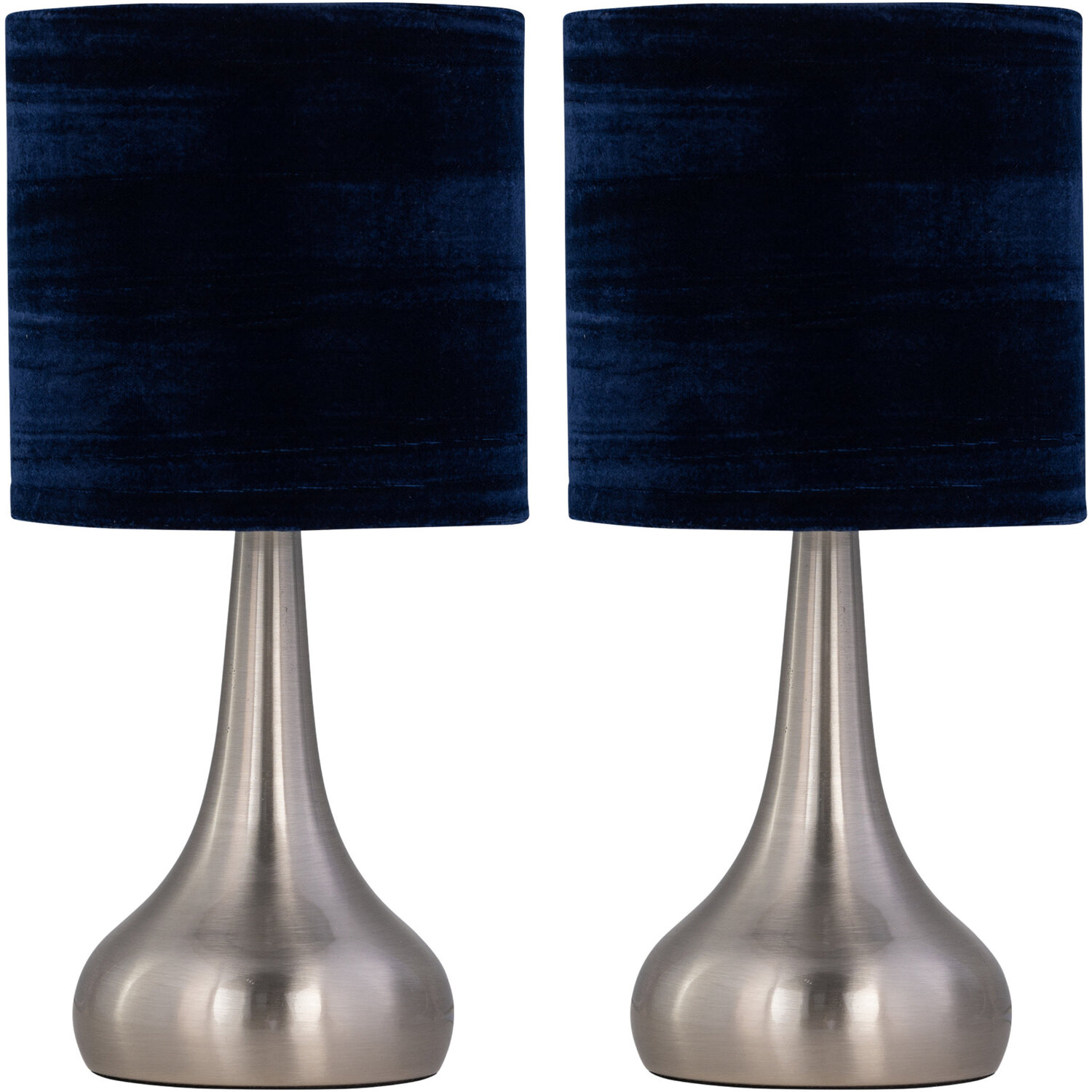 First Choice Lighting Set Of 2 Romana Brushed Chrome Touch Table Lamps Navy Blue Shade - Satin Nickel & Blue
