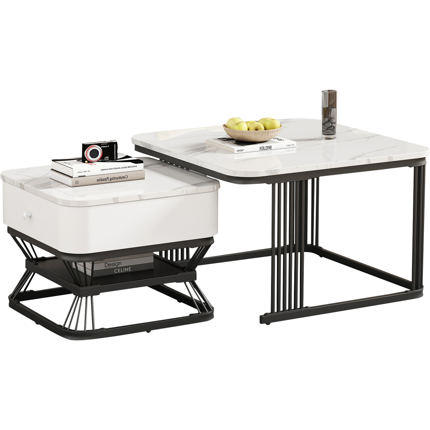 Aka Set Of 2 Square Nesting Coffee Tables With Marble Effect Tops, Drawer, Storage Shelf, White - White+Black