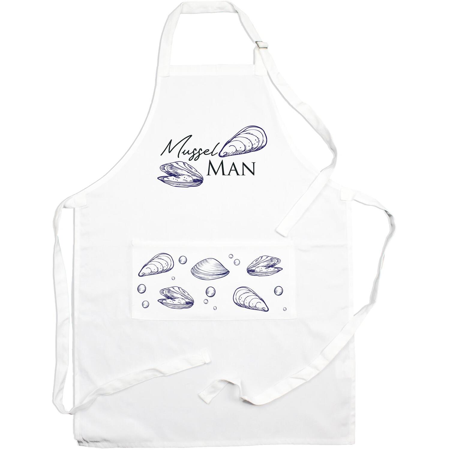 Purely Home Mussel Man Novelty Kitchen Apron With Adjustable Ties & Pocket - White