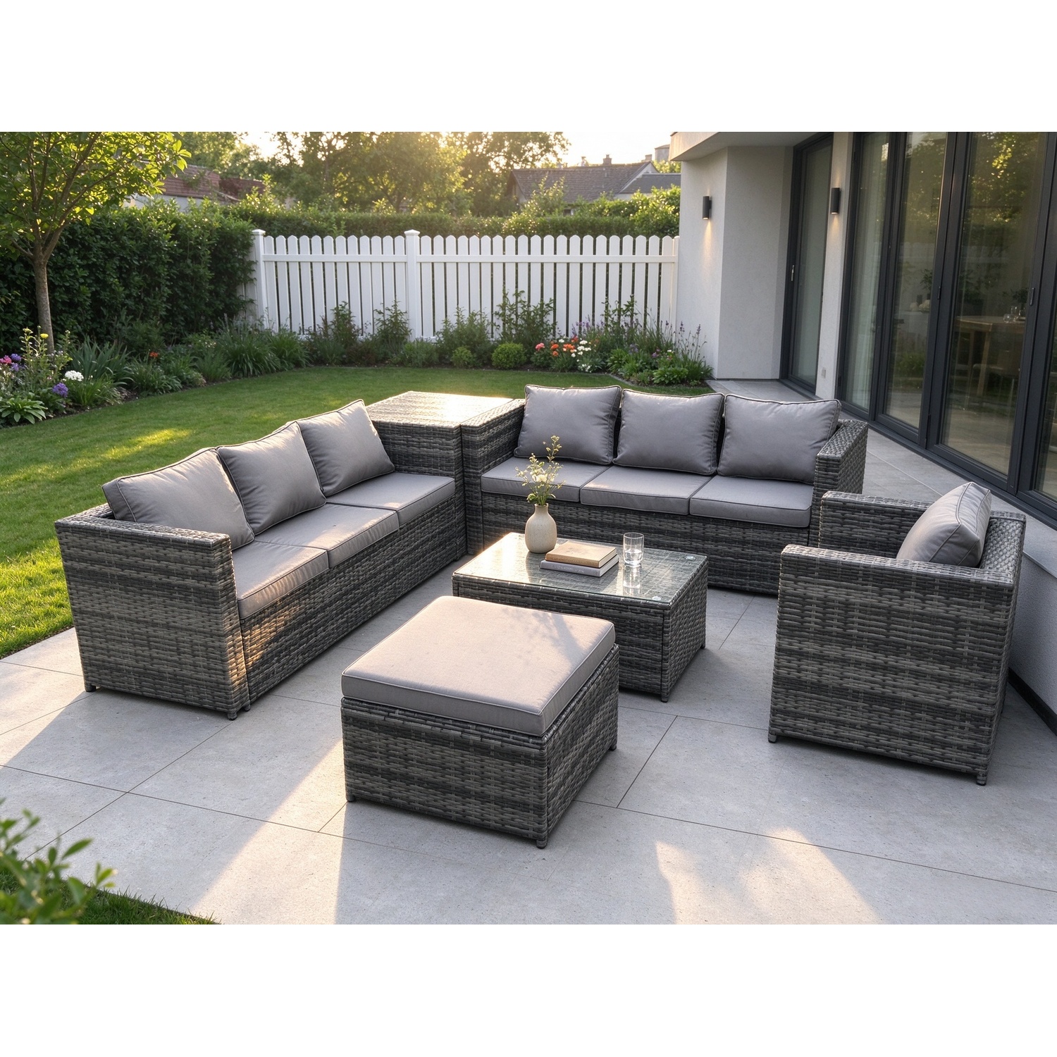 Fimous Dark/Grey Wicker Pe Rattan Sofa Set Outdoor Patio Garden Furniture With Armchair Oblong Coffee Table Side Table Big Footstool Mixed - Image 2