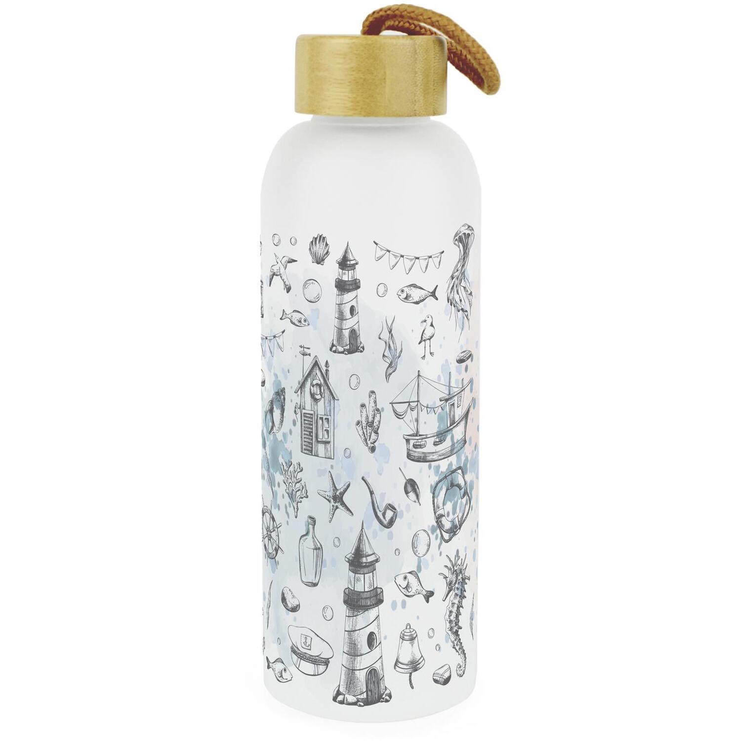 Purely Home Marine Drawings Glass Water Bottle With Bamboo Lid - Blue