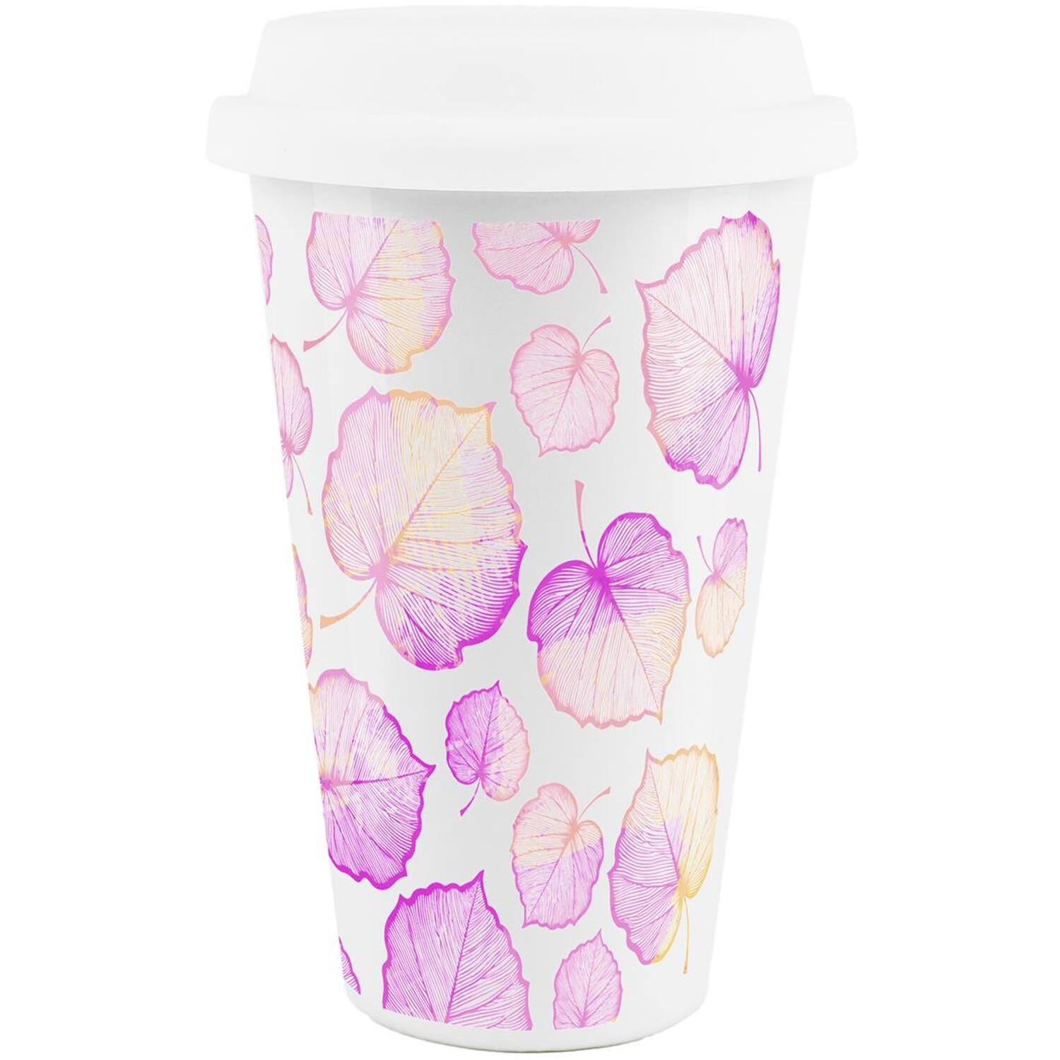 Delicate Spring Leaves Pink Ceramic Travel Mug - Insulated Cup Gift - Image 2