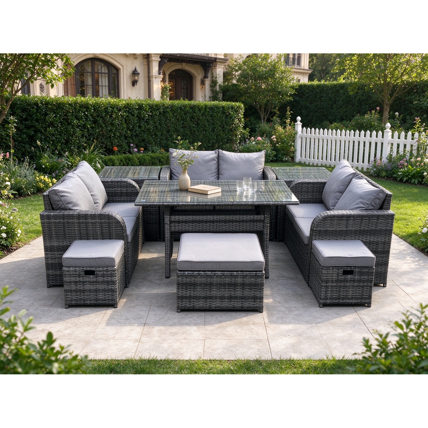 B&Q - 9 Pieces Outdoor Rattan Garden Furniture Set With Patio Rectangular Dining Table Love Sofa 2 Side Tables 3 Footstools - Image 2