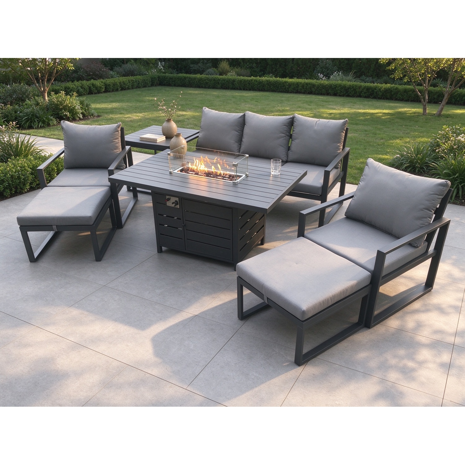 Fimous Dark/Grey Aluminium Patio Outdoor Garden Furniture Lounge Sofa Set Gas Fire Pit Dining Table With Side Table 2 Big Footstools - Image 2