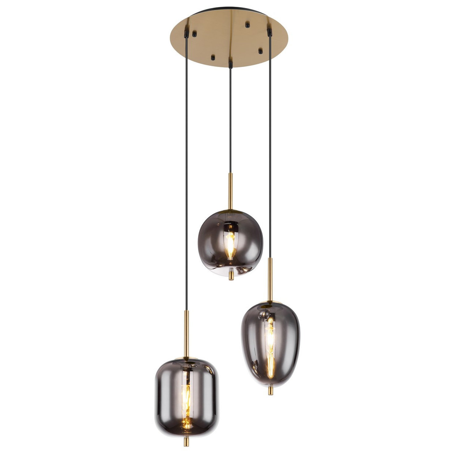 Globo Smoky 3 Light Gold Pendant - Brass Metal & Smoked Glass - Height Adjustable - Image 4