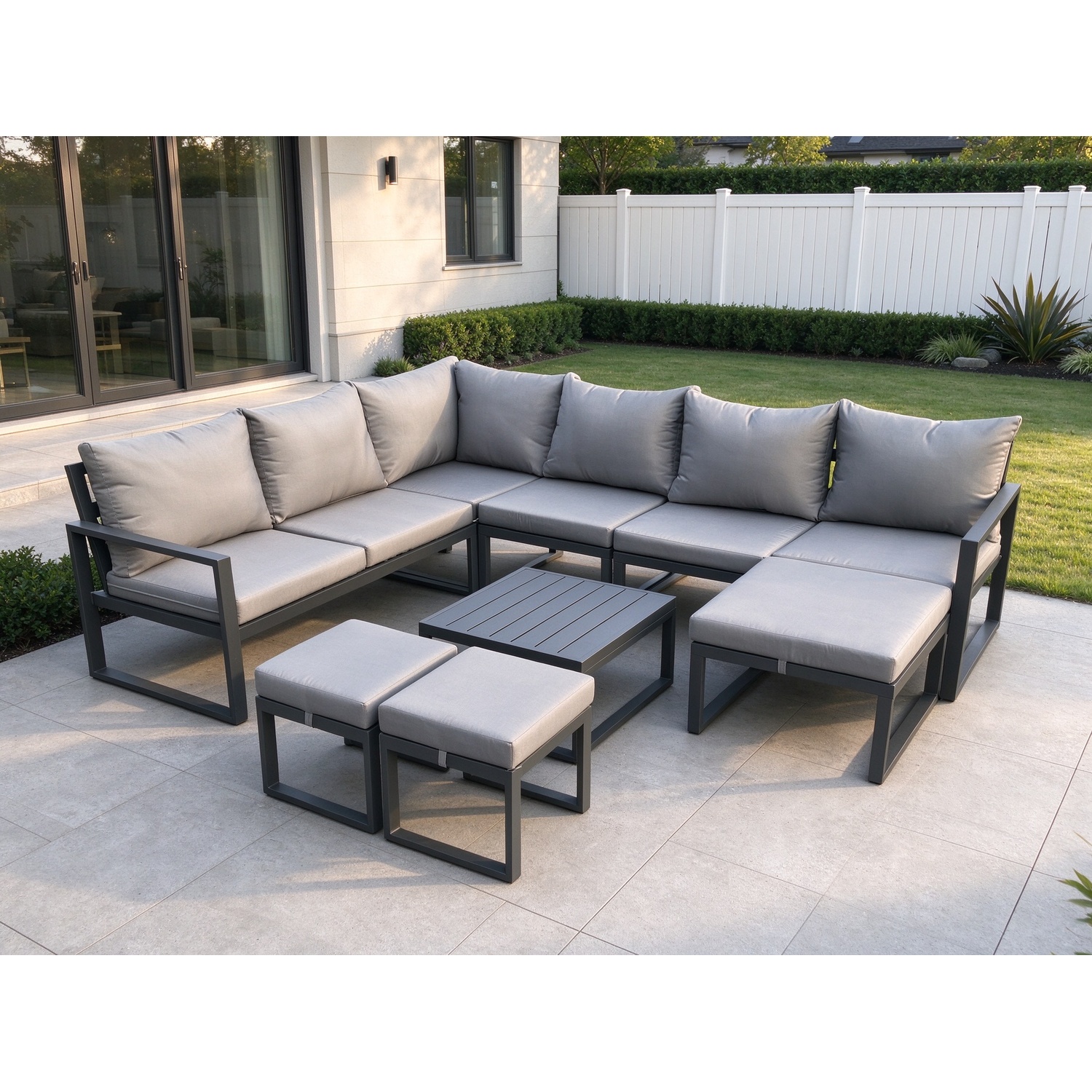 Fimous Dark/Grey 9 Seater Outdoor Lounge Corner Sofa Set Aluminium Garden Furniture Sets With Square Coffee Table 3 Footstools - Image 2