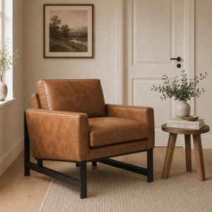 Genuine Leather Armchair with Metal Frame