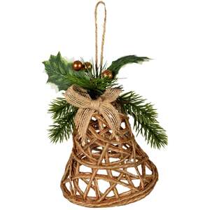 Four Candle Natural Rattan Bell Decoration with Branches and Ribbon