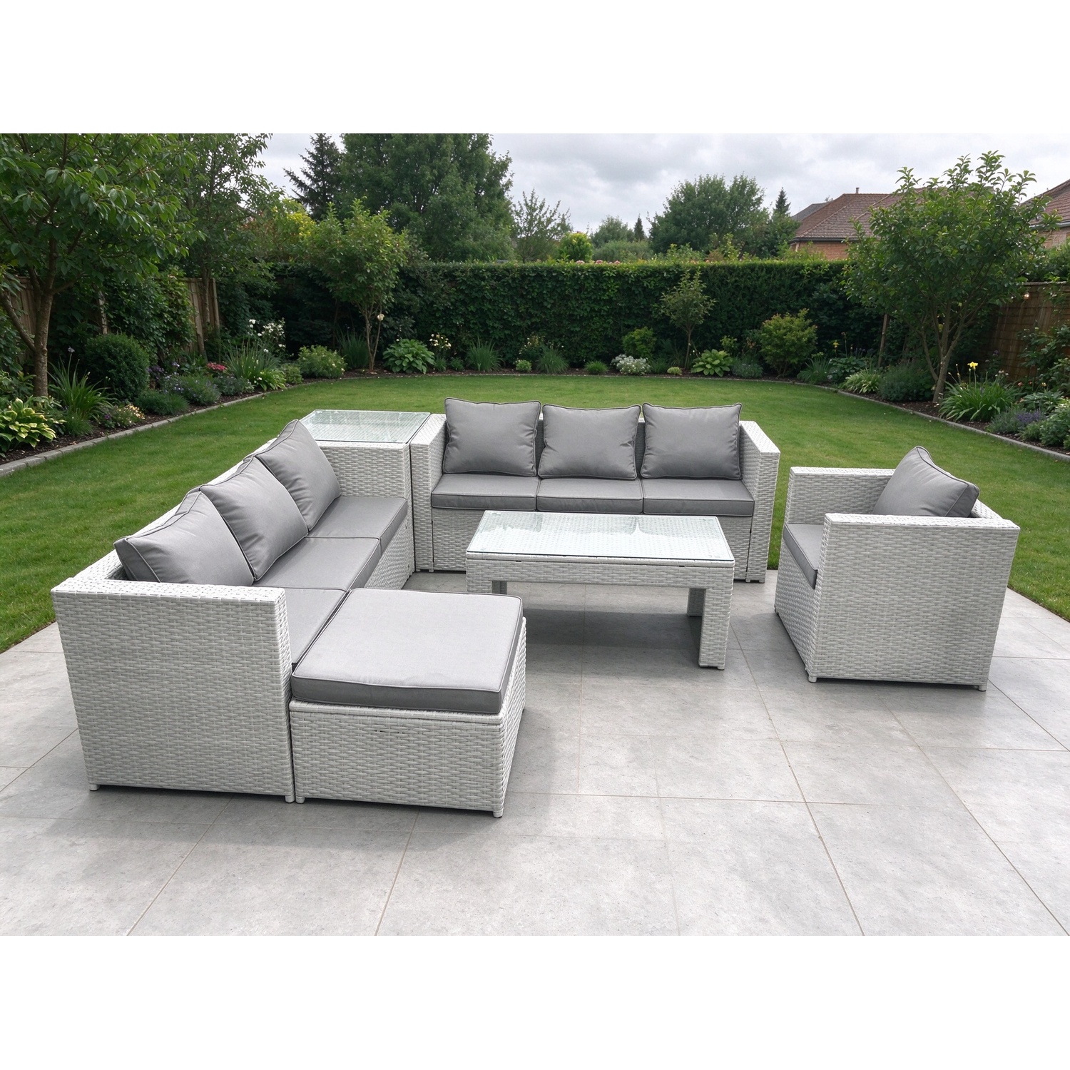 Fimous Light/Grey Wicker Pe Rattan Sofa Garden Furniture Set With Oblong Coffee Table Armchair Big Footstool Side Table Mixed - Image 2